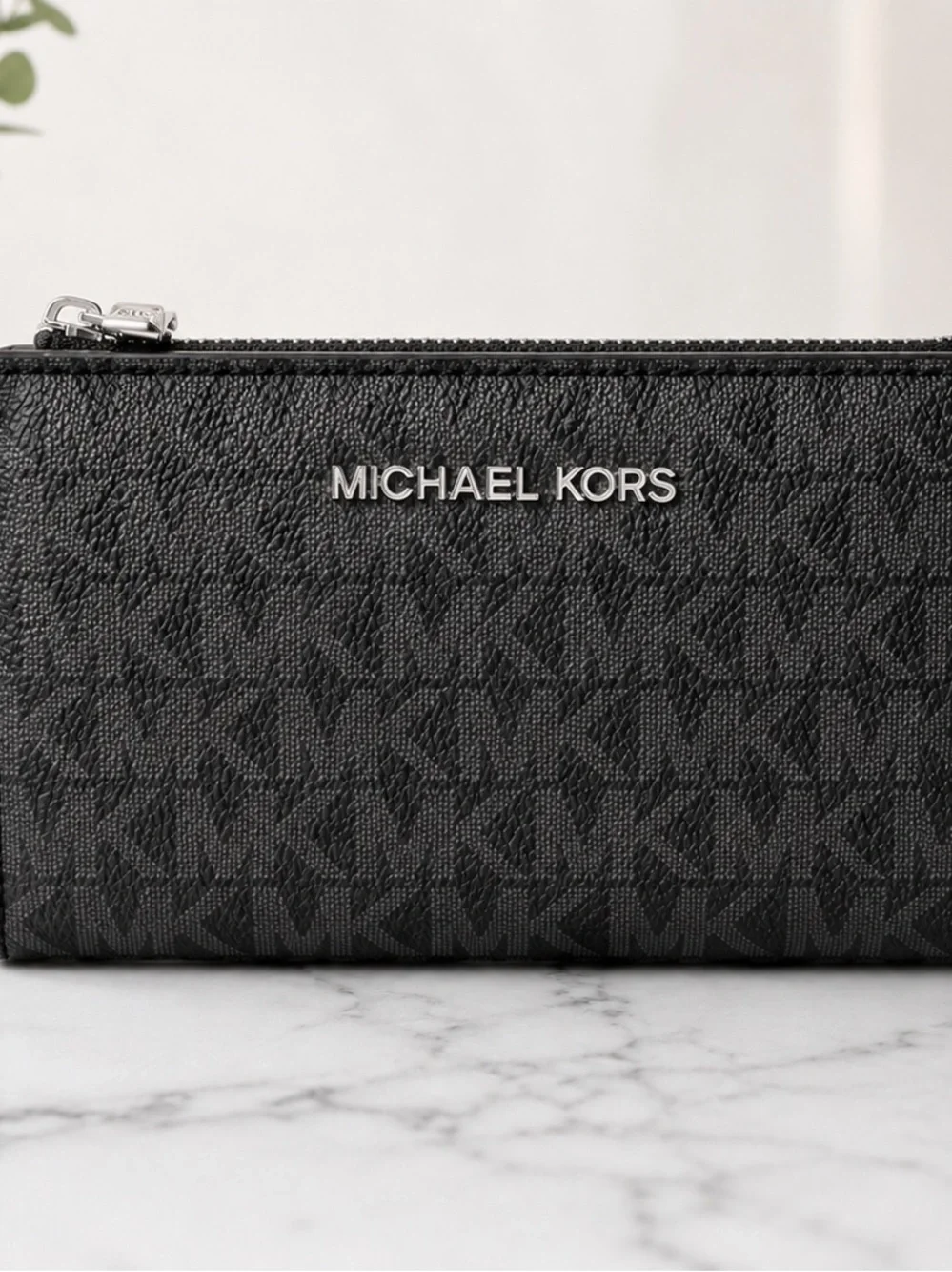 Michael Kors Black Signature MK Zip Wallet with Silver-Tone Logo